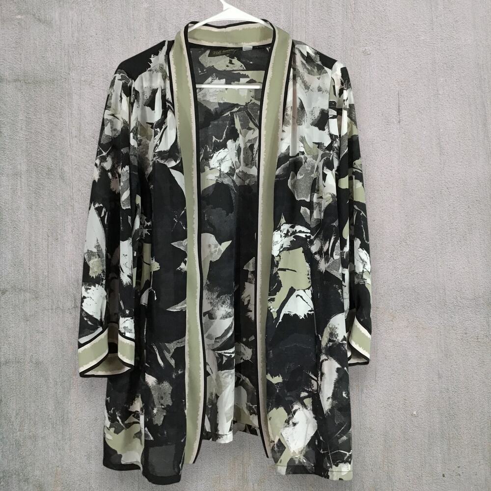 Bob Mackie Wearable Art Floral Kimono Jacket Open Front Pockets‎ Black Green M